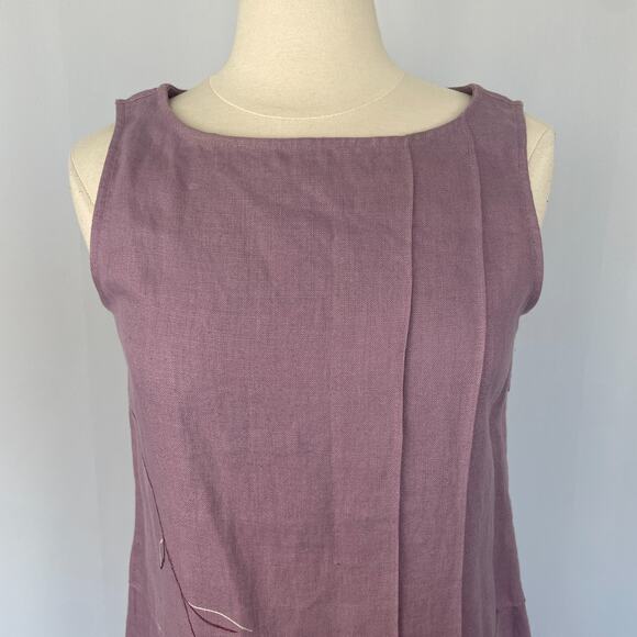 Vintage Shift Dress Size Medium Petite MP Purple Linen Embroidered Sleeveless - Picture 3 of 14